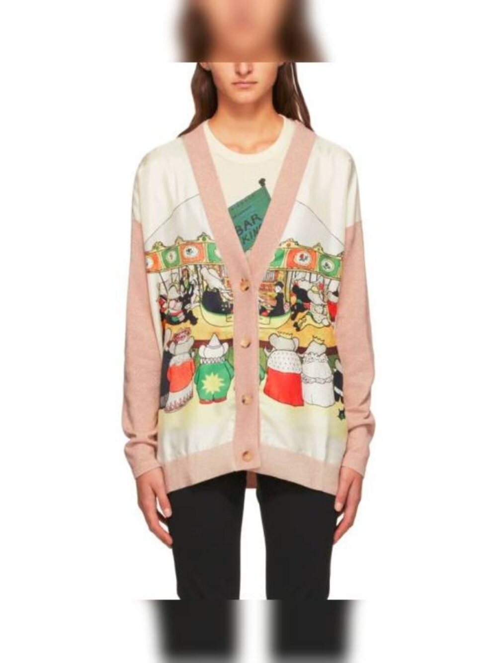 Lanvin AW20 Pale Pink Babar-Print Lame-Knit Cardigan